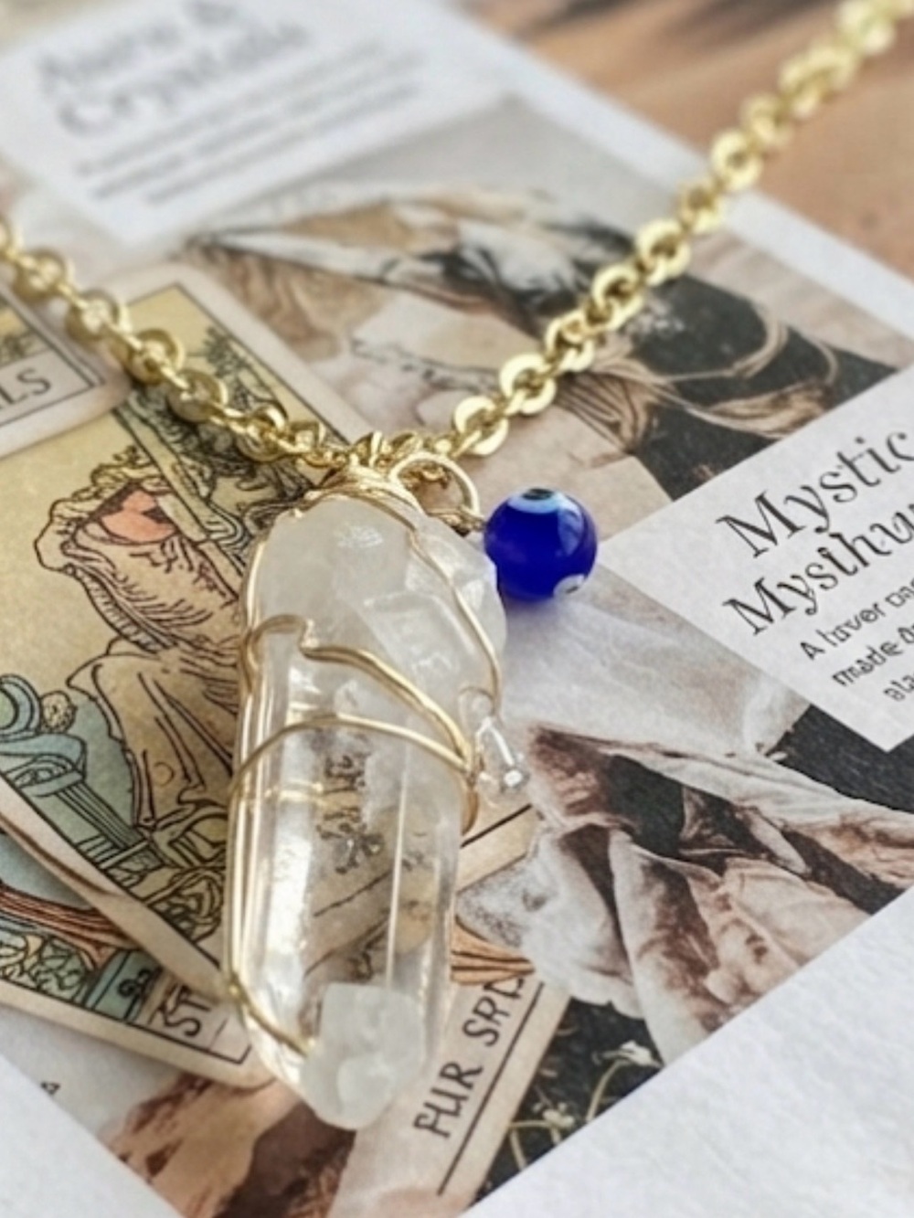 Large  Gold wire wrapped and Clear Quartz Pendant Necklace